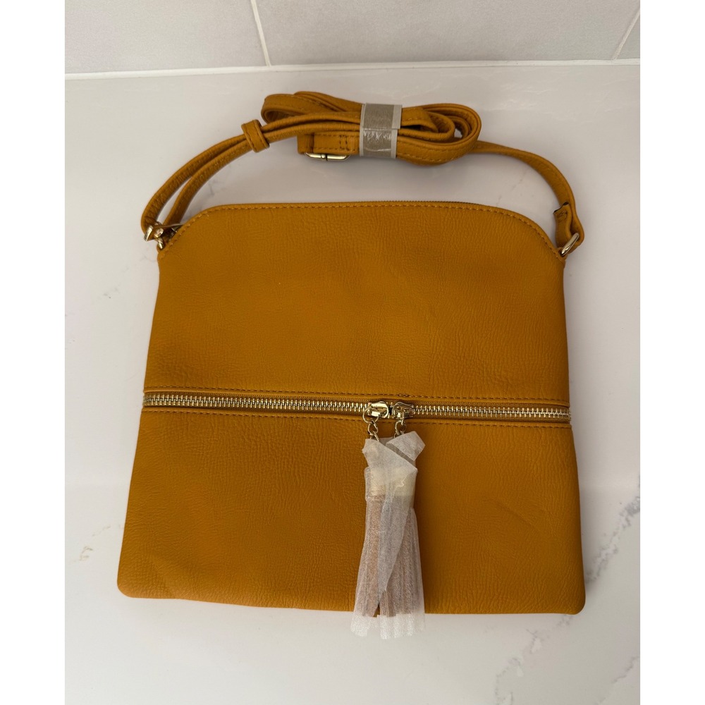 Crossbody Bag Pebbled Vegan Leather Small Mustard Yellow Tassel Zip